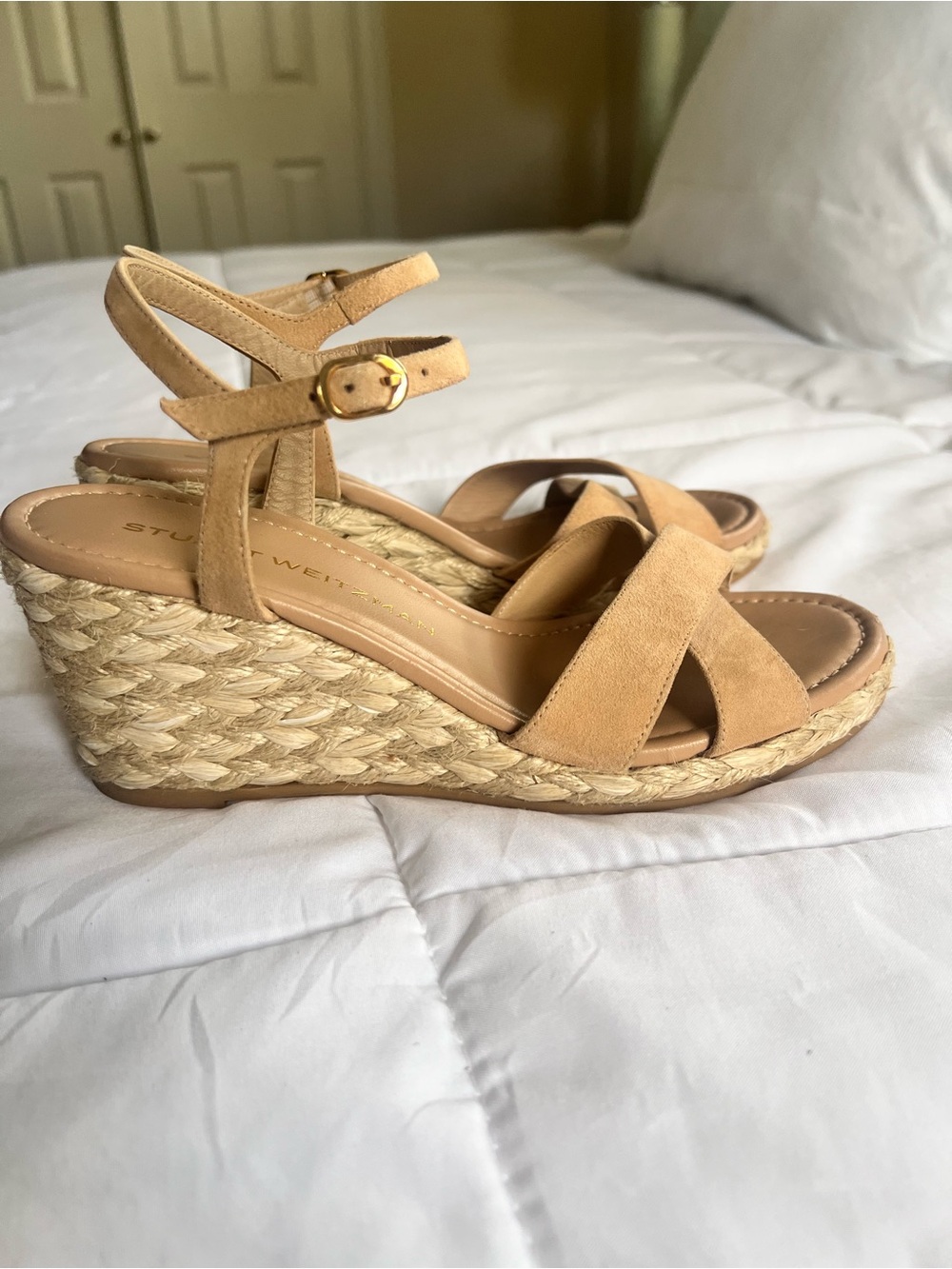 Stuart Weitzman Tan Suede Espadrille Wedge Sandals
